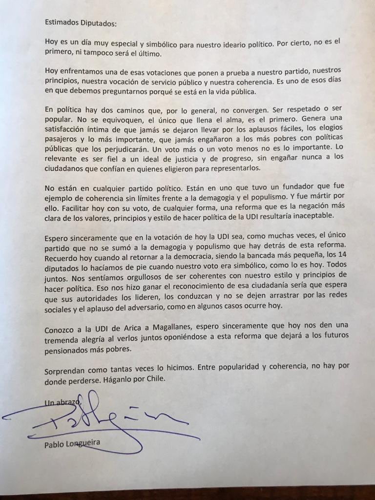 Carta Pablo Longueira votación AFP Fast Check CL