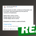 “El 6 de octubre de 2021, la Cámara de Diputados votó la Ley Nain, que aumentaba las penas para los asesinos de Carabineros. Gabriel Boric votó en contra, Giorgio Jackson votó en contra y Camila Vallejo votó en contra”: #Real