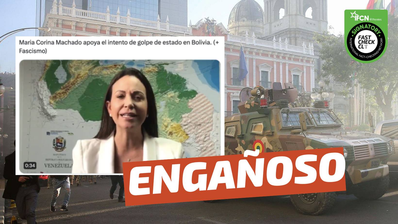 You are currently viewing (Video) “Maria Corina Machado (líder opositora venezolana) apoya el intento de golpe de Estado en Bolivia”: #Engañoso