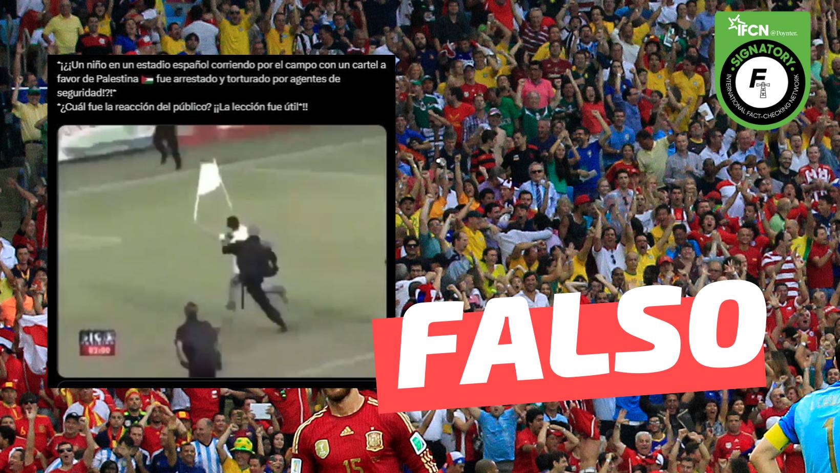 You are currently viewing (Video) “Joven ingresó en el campo de juego de un estadio español con una bandera pro Palestina y fue golpeado por agentes de seguridad”: #Falso