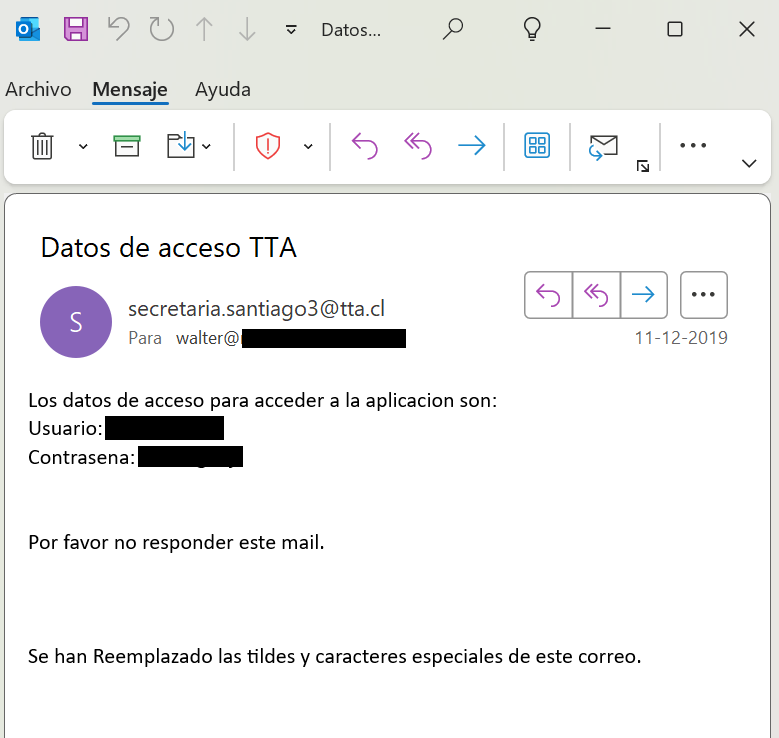 Correo con claves de acceso para el sistema de gestión de causas del TTA.