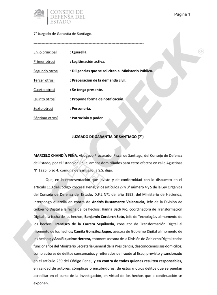 Querella del CDE contra ex funcionarios de Gobierno Digital.