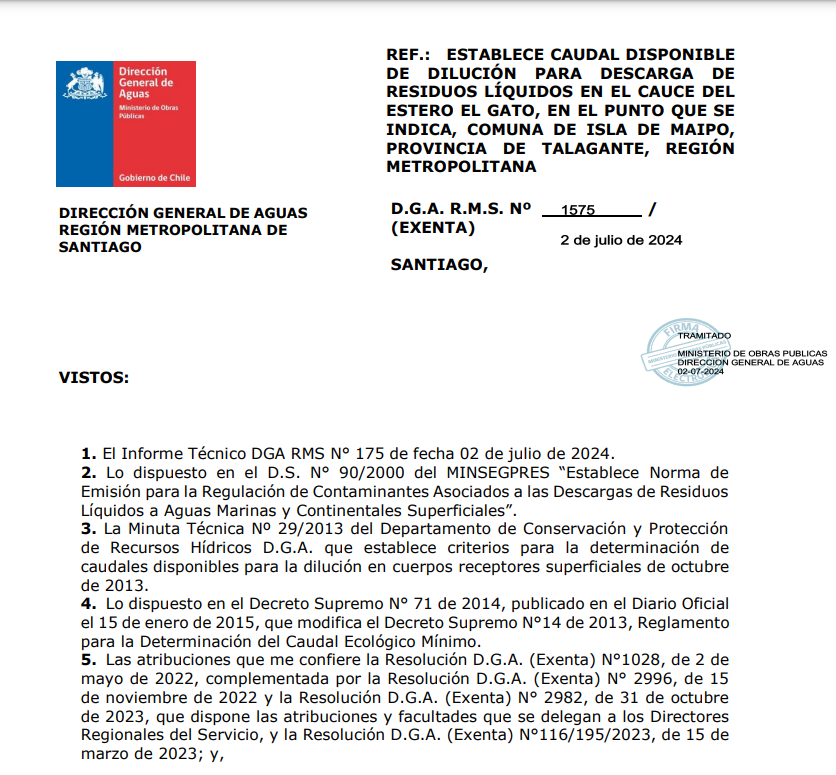 Resolución de la DGA que aprobó la disolución de líquidos del vertedero Santa Marta en el estero El Gato.