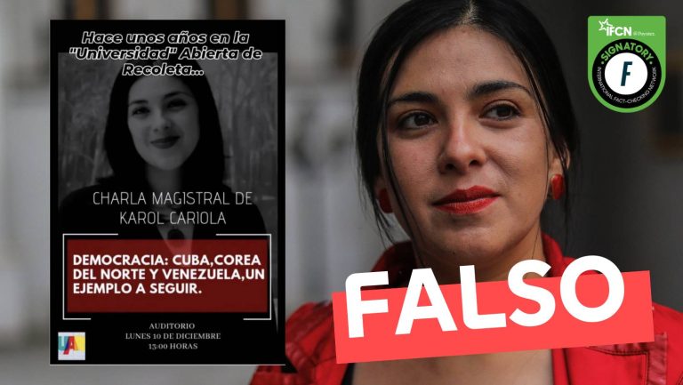 Lee más sobre el artículo (Imagen) “Charla Magistral de Karol Cariola: ‘Democracia: Cuba, Corea del Norte y Venezuela, un ejemplo a seguir’ “: #Falso