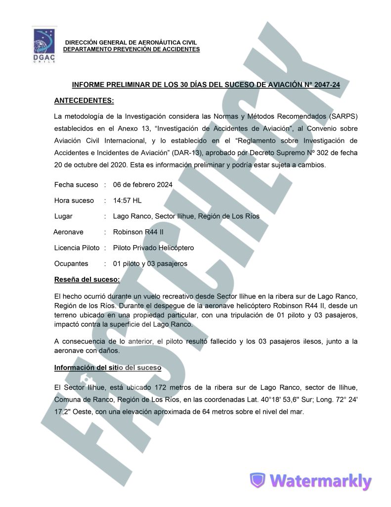 Preinforme de la DGAC sobre el accidente en que falleció el ex presidente Piñera.