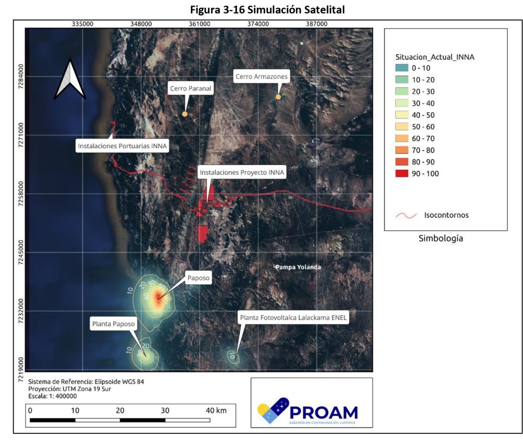 Simulación satelital de la luz emitida en Paposo.