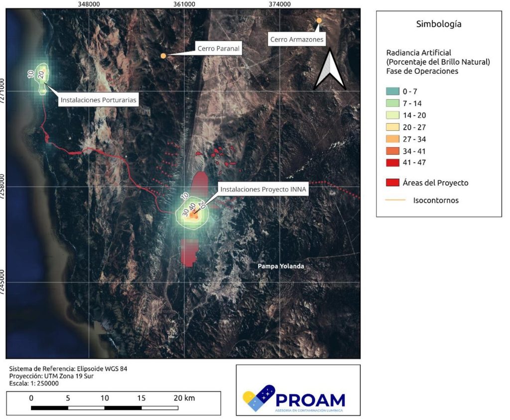 proyecto INNA aumentará el brillo natural del cielo nocturno entre 10% y 40% en las instalaciones centrales, ubicadas a sólo 14 kilómetros del Observatorio Paranal.