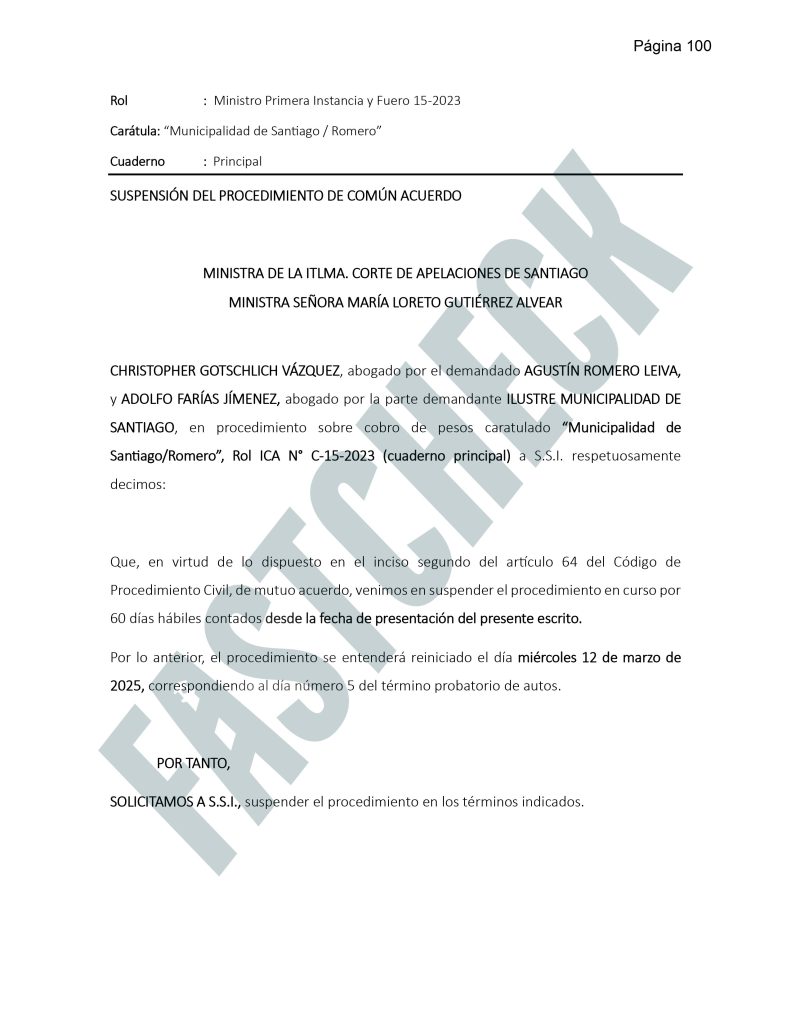 Acuerdo entre la Municipalidad de Santiago y la defensa de Agustín Romero para suspender el cobro de $11 millones en horas extras irregulares.