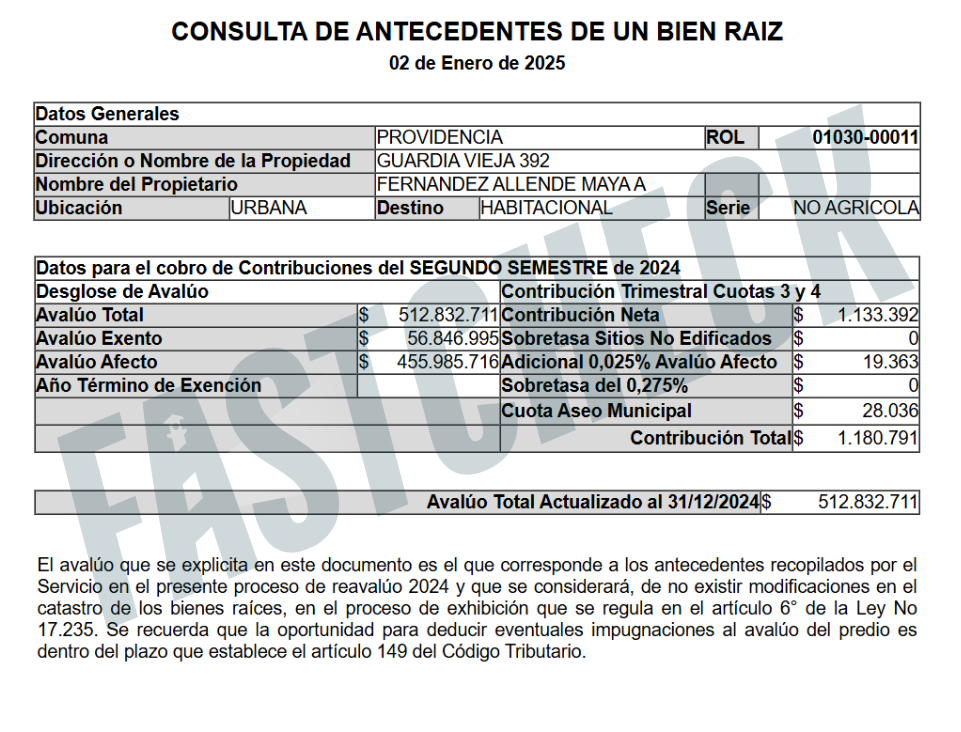 Avalúo fiscal casa de Allende en el Servicio de Impuestos Internos.