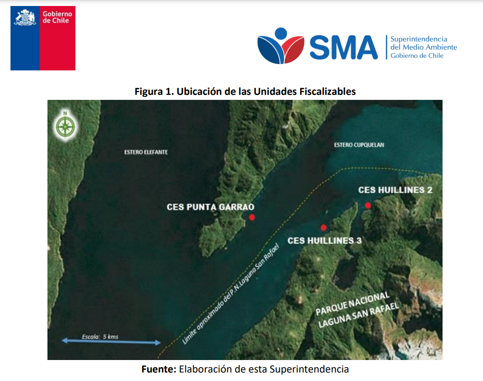 Ubicación del centro Huillines 3 de Cooke en el Parque Nacional San Rafael. Fuente: Memorándum SMA.